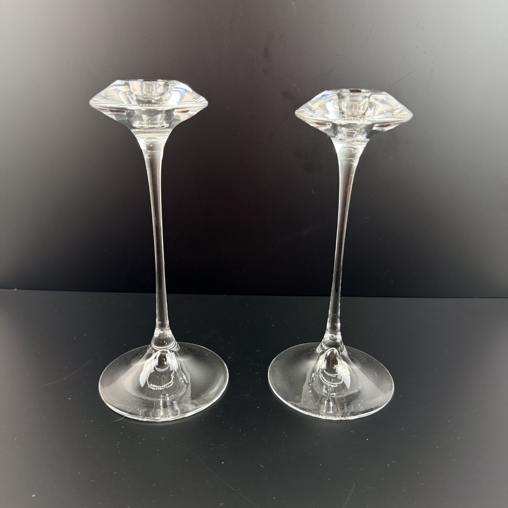 Pair Vintage Kosta Boda Fanfare Crystal Candlesticks  Kjell Engman Sweden‎